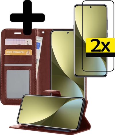 Hoesje - Met 2x Screenprotector - Geschikt voor Xiaomi 12 - Luxe Pasjeshouder - Bookcase Portemonee - Flip Case - Kunstleer Book Case - Flipcase Hoes - Book Cover - Walletcase - Portemonneehoes - Telefoonhoesjes - Bruin