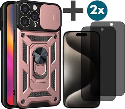 Hoesje met Privacy screenprotectors 2 stuks Geschikt voor iPhone 15 Pro met Ringhouder en Camera schuifje - Arara backcover - Rosegoud