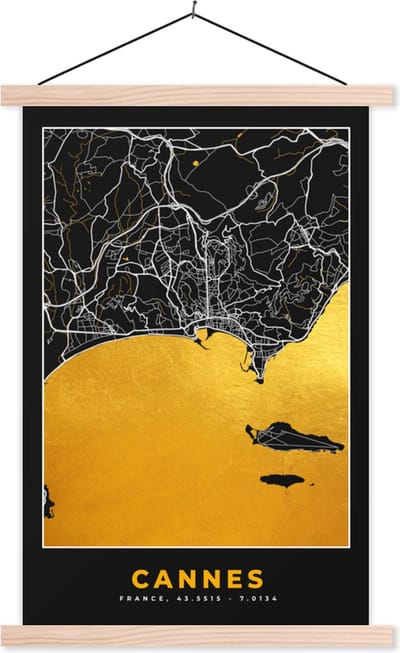 Posterhanger incl. Poster 40x60 cm - Schoolplaat - Kaart – Plattegrond – Frankrijk – Cannes - Stadskaart - Textielposter - Blanke latten - Stadskaart
