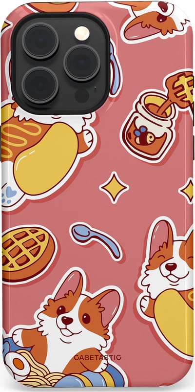 Casetastic Hoesje Geschikt voor Apple iPhone 15 Pro Max Magsafe - Stijlvolle Beschermende Duo-layer Case - Corgi snacks