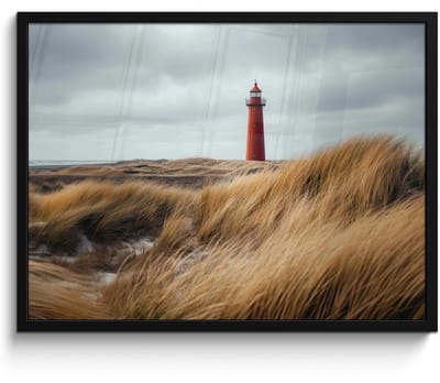 Poster in lijst - Fotolijst 70x50 cm - Posters - Duinen - Vuurtoren - Rood - Lucht - Posterlijst zwart - Decoratie - Wanddecoratie woonkamer - Muurdecoratie slaapkamer