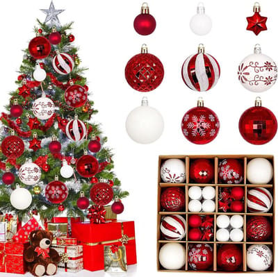 44 Stuks Plastic Kerstboom Ballen in Wit en Rood - Persoonlijke Kerstdecoraties voor Binnen en Buiten, Perfect voor Kerstversiering