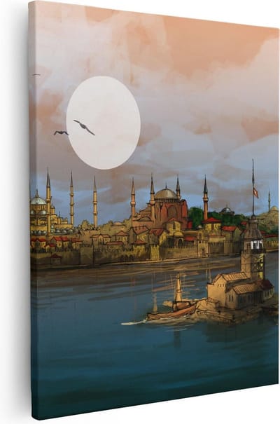 Artaza Canvas Schilderij Skyline - 40x50 cm - Wanddecoratie Zonsondergang - Muurdecoratie Istanbul - Kamer Accessoires Boot