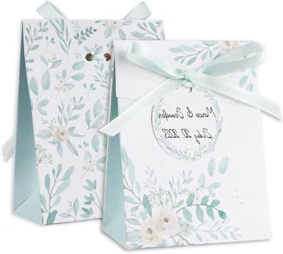Set van 50 trouwcadeau doosjes 8 x 4 x 10 cm met groen blad ontwerp, inclusief cadeauhangers en linten, kleine geschenkdozen voor bruiloften, doopgeschenken en feestelijke gelegenheden.