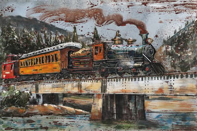 Metalen 3D schilderij Stoomtrein op brug 80 x 120 cm - schilderij - metal - muurdecoratie - wall - deco - kunst - wanddecoratie - metaal - wandschilderij - decoratief - interieur - cadeau - geschenk - gift - verjaardag - kerst - nieuwjaar