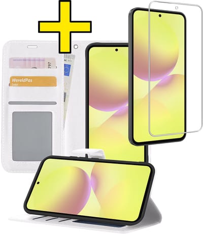 Hoesje - Met Screenprotector - Geschikt voor Samsung Galaxy A36 - Luxe Pasjeshouder - Bookcase Portemonee - Flip Case - Kunstleer Book Case - Flipcase - Book Cover - Walletcase - Portemonneehoes - Telefoonhoesjes - Wit