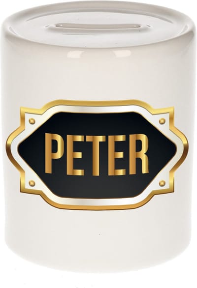 Spaarpot met voornaam Peter - wit - met goud/zwart embleem - 8 x 9 cm - keramiek - met afsluitdop - cadeau verjaardag