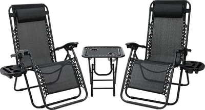 DHN Set van Twee ligstoelen met tafel - Tuinmeubels - Ligstoelen met tafel - Balkonset - Aluminium - Zwart