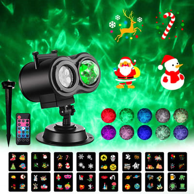 Kerstprojector voor buiten en binnen, Halloween-projector voor buiten, met afstandsbediening, 16 motieven en 10 kleuren, watergolfeffect, lamp, projector, sneeuwvlok, decoratie voor feest