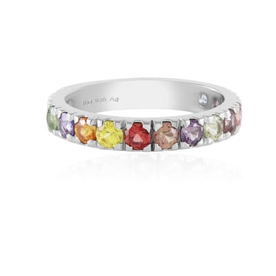 Cavill - Damesring 925 Sterling Zilver Platina - 15 Madagaskar Regenboog Saffieren Ronde Briljant Slijpsel - Elegant & Kleurrijk