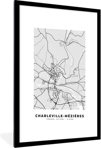 Fotolijst incl. Poster - Stadskaart – Frankrijk – Kaart – Charleville-Mézières – Plattegrond - 60x90 cm - Posterlijst