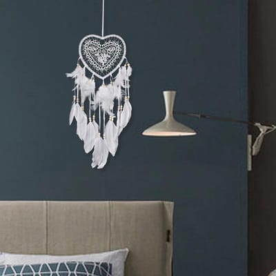 Grote Handgemaakte Dromen Vanger - Dream Catcher - Dream Catcher Groot - Indianen Deco Droomvanger Hart Kraaltjes Veren – Wit