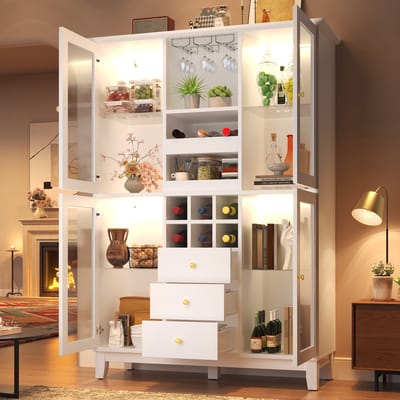 Wijnkast met LED-verlichting en app-bediening - 180,5x120x40 cm - 3 laden - wijnglazen- en wijnflessenrek - wit