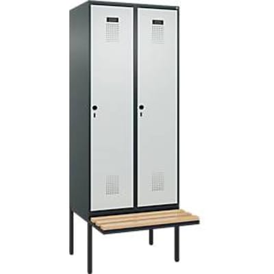 Kleiderspind C+P Evolo Plus, 2 Abteile à 400 mm Breite, schwebende Sitzbank, B 800 x T 815 x H 2120 mm, Drehriegel, anthrazitgrau/lichtgrau