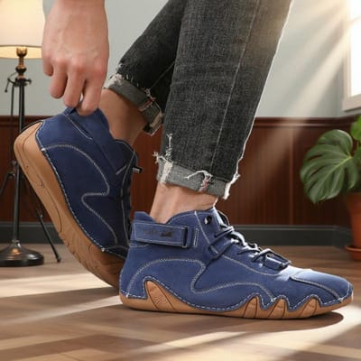 Nieuwe Heren Retro Design Enkellaarzen Heren Outdoor Casual Leerschoenen Ademend Comfortabel Zomer Platte Sneakers 36 marineblauwe kleur