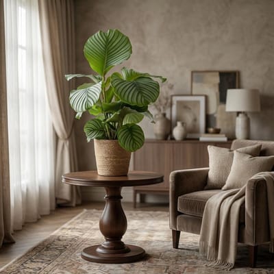 Green boutiQ - Kamerplant - Pauwenplant - Calathea Orbifolia - Groen - Weinig onderhoud - 1 Plant - met Mand - Pot 21cm - Hoogte 60 - 70cm