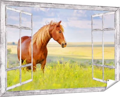 Gards Tuinposter Doorkijk Bruin Paard in de Wei - 180x120 cm - Tuindoek - Tuindecoratie - Wanddecoratie buiten - Tuinschilderij