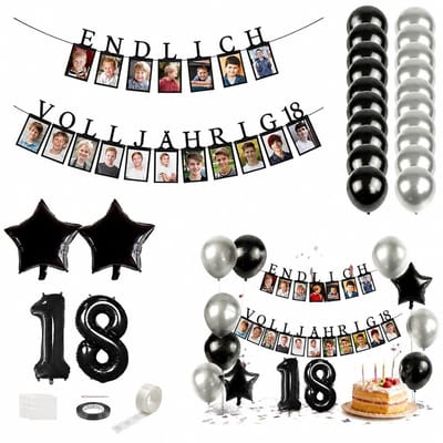Dailygoods- Verjaardagsdecoratie 18 Jaar - 15-delige Feestversiering - Cijferballonnen/Zwart/Wit Ballonnen - DIY Foto Banner - Sterballonnen - Compleet Decoratiepakket