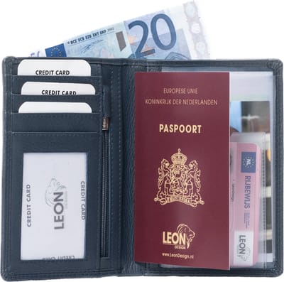 LeonDesign - Paspoort Hoesje - Donkerblauw - 100% Leer - Handgemaakte Card holder - Stijlvol Ontwerp - Paspoorthouder met 4 pasjes