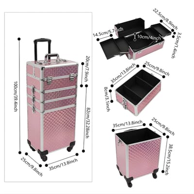 Make-up Trolley – Voor Salon & Visagie – Vrijstaande 4-in-1 Cosmetica Koffer, Modern Rechthoekig, ABS + Aluminium, 4 Laags met 4 Zwenkwielen, 50 kg Draagvermogen – Roze