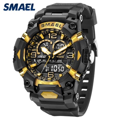 sportief zwart/geel horloge dubbel scherm met tijd datum chronometer alarm waterdicht en led licht