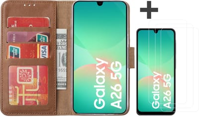 Hoesje met 3 Stuks Screenprotectors Geschikt voor Samsung Galaxy A26 – Arara bookcase met pasjeshouder - Bruin