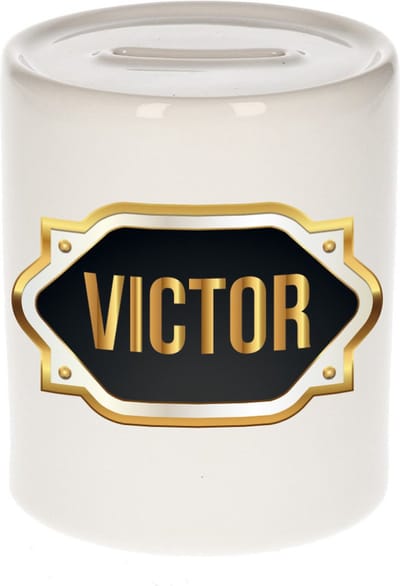 Spaarpot met voornaam Victor - wit - met goud/zwart embleem - 8 x 9 cm - keramiek - met afsluitdop - cadeau verjaardag