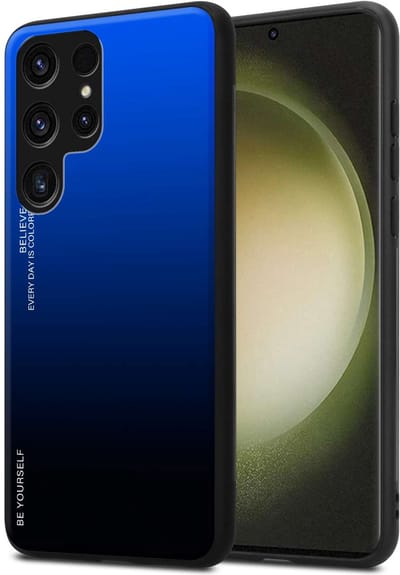 Cadorabo Hoesje geschikt voor Samsung Galaxy S23 ULTRA in BLAUW - ZWART - Tweekleurige beschermhoes van TPU-silicone Case Cover en achterzijde van gehard glas