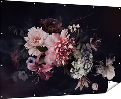 Gards Tuinposter Diverse Bloemen op Zwart Achtergrond - 180x120 cm - Tuindoek - Tuindecoratie - Wanddecoratie buiten - Tuinschilderij
