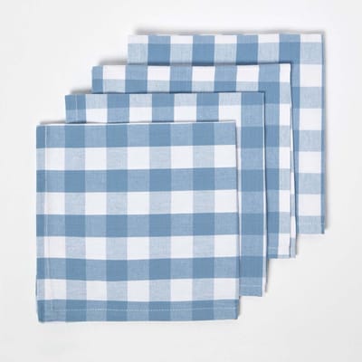 Homescapes blauw geruite katoenen servetten in een verpakking van 4