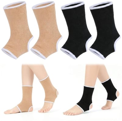 Enkelbrace Set met 4 Paren (2 zwart + 2 huidkleur), Elastische Ademende Enkelbeschermers voor Kinderen en Volwassenen, Sportondersteuning bij Voetbal, Turnen en Buitensport