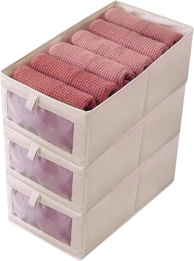 Kledingkast-organizer, 3 stuks stoffen opvouwbare opbergdoos met transparant venster, kastorganizer voor speelgoed, kleding, boeken opbergen (beige, 36 x 25 x 20 cm)