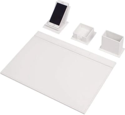 Lederen Bureauset WIT -Wit Gestikt-4 Accessoires-Bureau Accessoires- Voor Kantoor-Bureau Accessoires-Office Organizer-Bureau Pad - Bureau Organizers En Accessoires