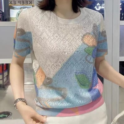 Bedrukt T-shirt met korte mouwen voor dames Zomerkleding voor moeders van middelbare en oudere leeftijd Losse grote maat Slanke en veelzijdige top voor dames 5XL gray