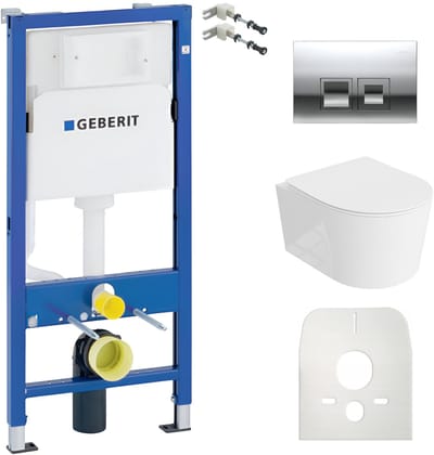 GEBERIT BASIC LOSO - Inbouwreservoir WC - Vierkante chromen drukplaat - Rimless wandcloset Hoogglans - Toiletset