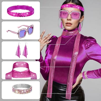 Vrouwelijke Disco Outfit met 5 Stukken: Pailletten Sjaal, Oorbellen, Zonnebril, Armband en Hoofdband voor 70s en 80s Thema Feestjes