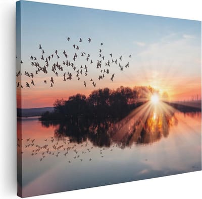 Artaza Canvas Schilderij Vogels - 40x30 cm - Klein - Wanddecoratie Zonsondergang - Muurdecoratie Natuur - Schilderijen Op Canvas