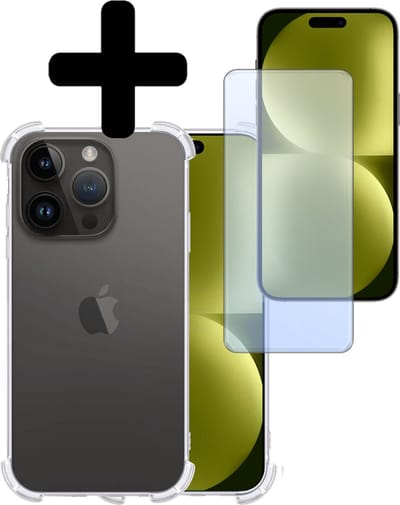 Hoesje - Met Screenprotector - Geschikt voor Apple iPhone 15 Pro - Sterk & Shockproof - Siliconen Case - Back Cover - Telefoon Hoes - Shock Proof - Telefoonhoesjes - Transparant