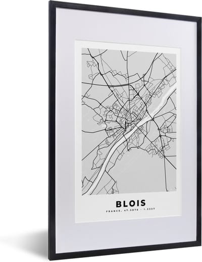 Fotolijst incl. Poster - Frankrijk - Plattegrond - Kaart - Blois - Stadskaart - 40x60 cm - Posterlijst