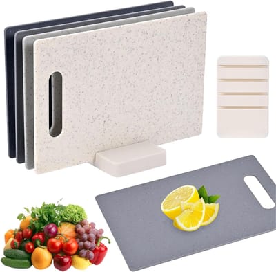 HEZIVO® Snijplankenset met Houder - Snijplank - Vaatwasserbestendig - Dubbelzijdig Kunststof - Set van 4 - 28 x 18 cm