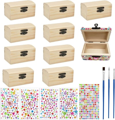 Set van 10 Houten Schatkisten, Rectangulaire Houten Dozen voor Sieraden, Creatieve Knutselset met 5 Diamantstickers voor Decoratie en Schilderen