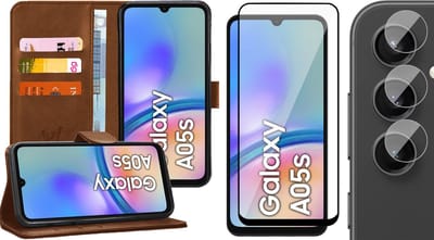 Hoesje geschikt voor Samsung Galaxy A05s - Screenprotector Volledig Dekkend Glas & Camera - Portemonnee Book Case Bruin