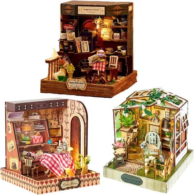 Houten Poppenhuis - Miniatuur Bouwpakket - Creatief Hobby - Met LED Verlichting - 8x8x9 cm - 3 Stuks