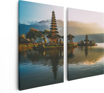Artaza Canvas Schilderij Tweeluik Pura Tempel in Bali op het Meer Beratan - 80x60 - Foto Op Canvas - Canvas Print