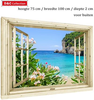 Doorkijk venster bloemen tuinposter op gespannen - 75x100x2 cm - canvas - uitzicht op bloemen, zee, bergen, nostalgisch venster - tuinschilderij - tuindoek