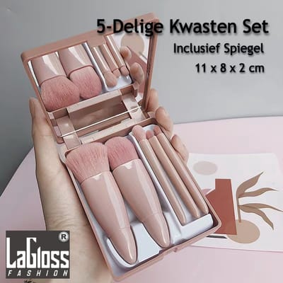 LaGloss® Reisvriendelijke Make-up Kwasten Set met Spiegel - 5-Delige Oudroze Beauty Set - 11 x 8 x 2 cm