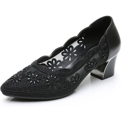 Comemore – mocassins d'été en cuir véritable pour femmes, escarpins de luxe à talons moyens et hauts en maille, chaussures de bureau pour dames 41 noir