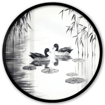 Poster in lijst Rond - Fotolijst 40x40 cm - Posters - Eenden - Waterlelies - Riet - Zwart - Ronde posterlijst zwart - Decoratie - Wanddecoratie woonkamer - Muurdecoratie slaapkamer