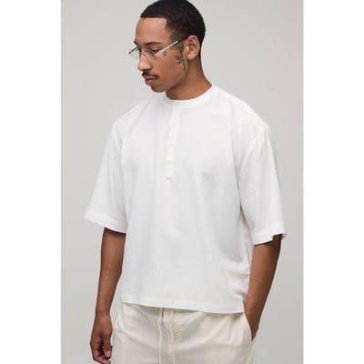 Oversized Boxy Linnen Blend Henley Shirt Met Korte Mouwen | White | Size XS