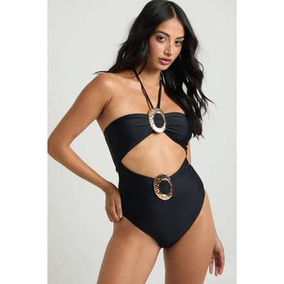 boohoo Dames Bandeau Badpak Met Goudkleurige Details En Cut-out | Black | Maat: 6